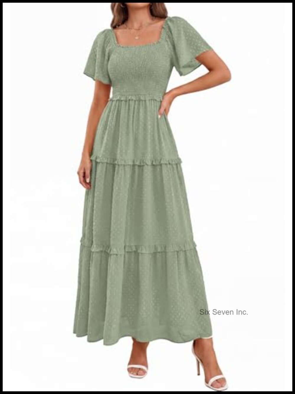 Women's Boho Maxi Dress Swiss Dot Smocked Square Neck Flowy Summer Dress - Picture 3 of 6